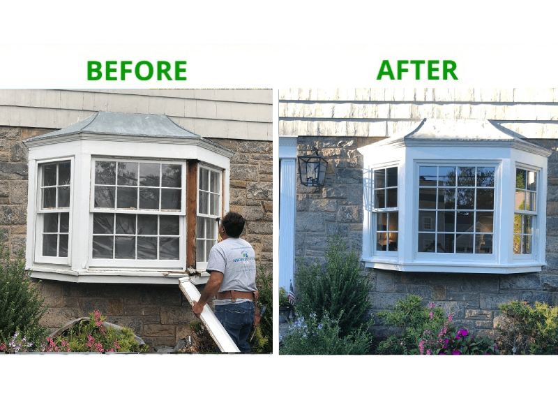 Andersen 400 Series Woodwright Double Hung Window Replacement & Custom Bay Window Rebuild In Darien